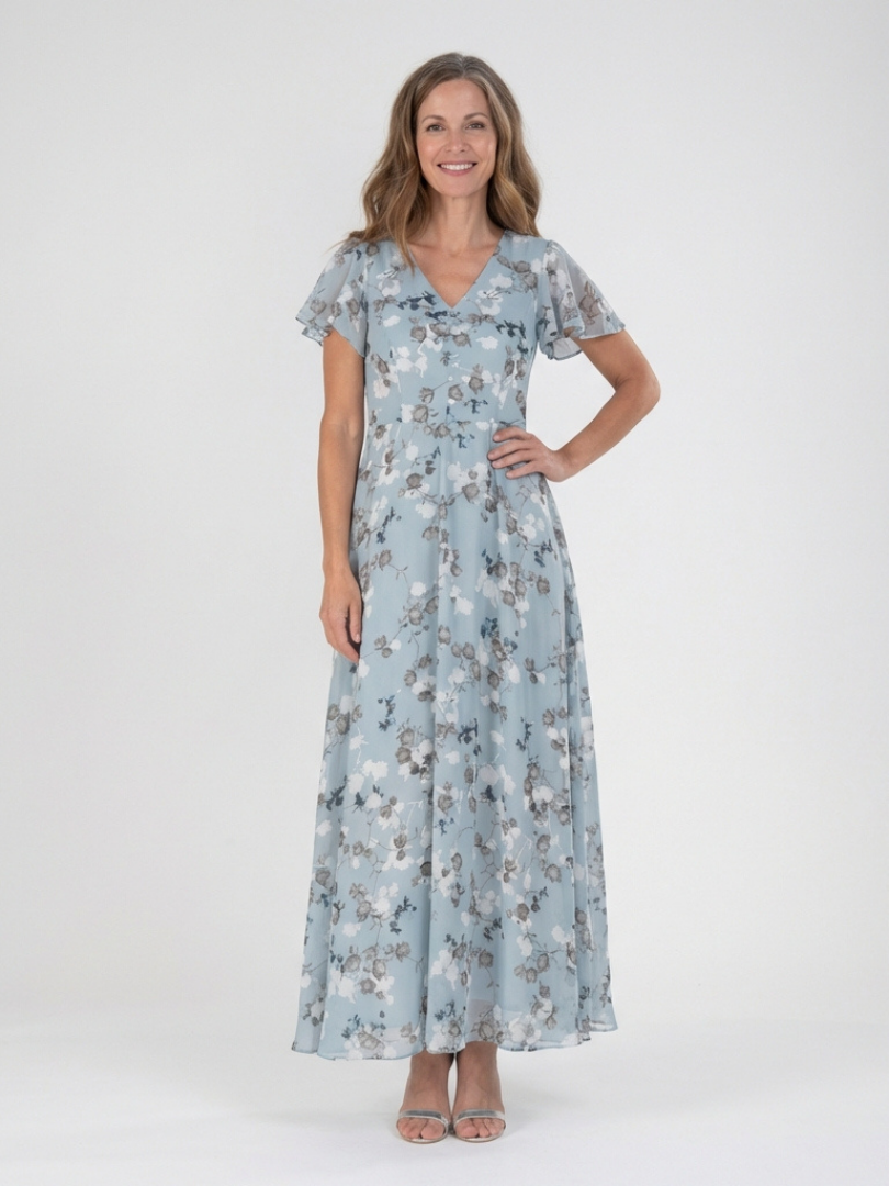 Women's Chiffon V-Neck Maxi Dress with Short Sleeves