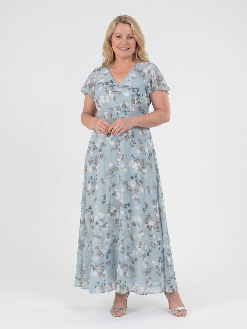Women's Chiffon V-Neck Maxi Dress with Short Sleeves