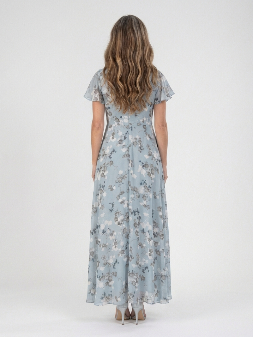 Women's Chiffon V-Neck Maxi Dress with Short Sleeves