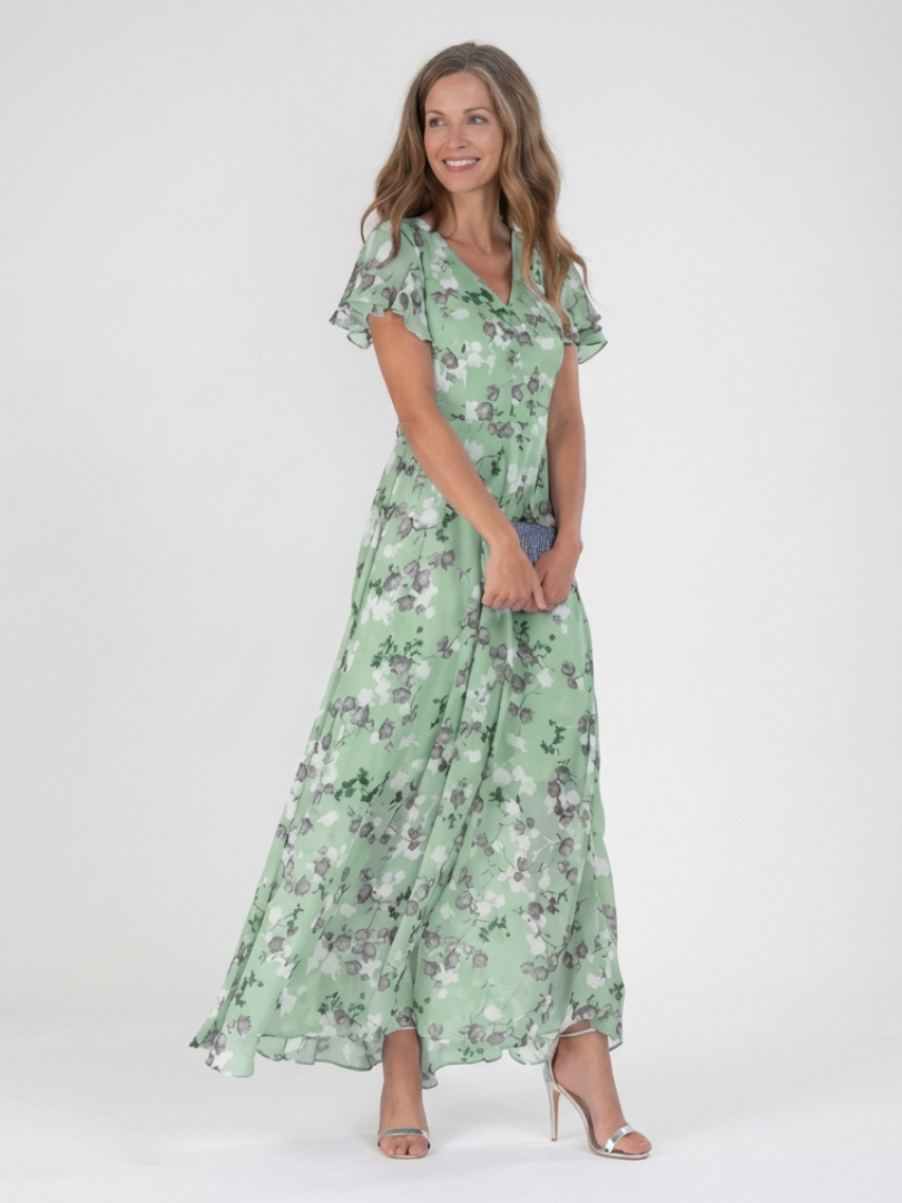 Women's Chiffon V-Neck Maxi Dress with Short Sleeves