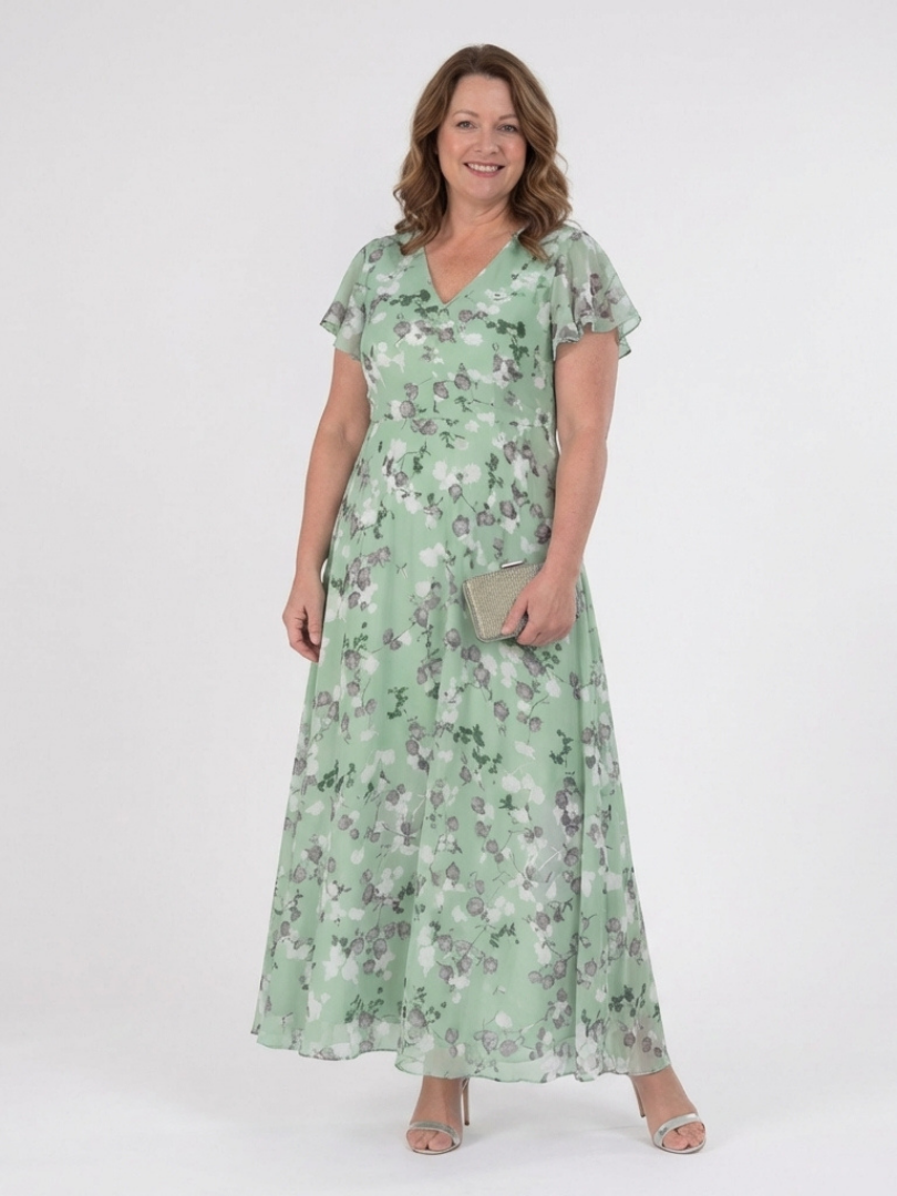 Women's Chiffon V-Neck Maxi Dress with Short Sleeves