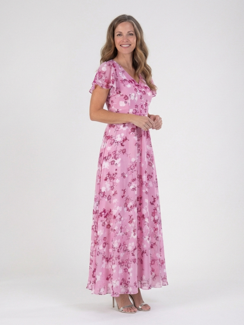 Women's Chiffon V-Neck Maxi Dress with Short Sleeves