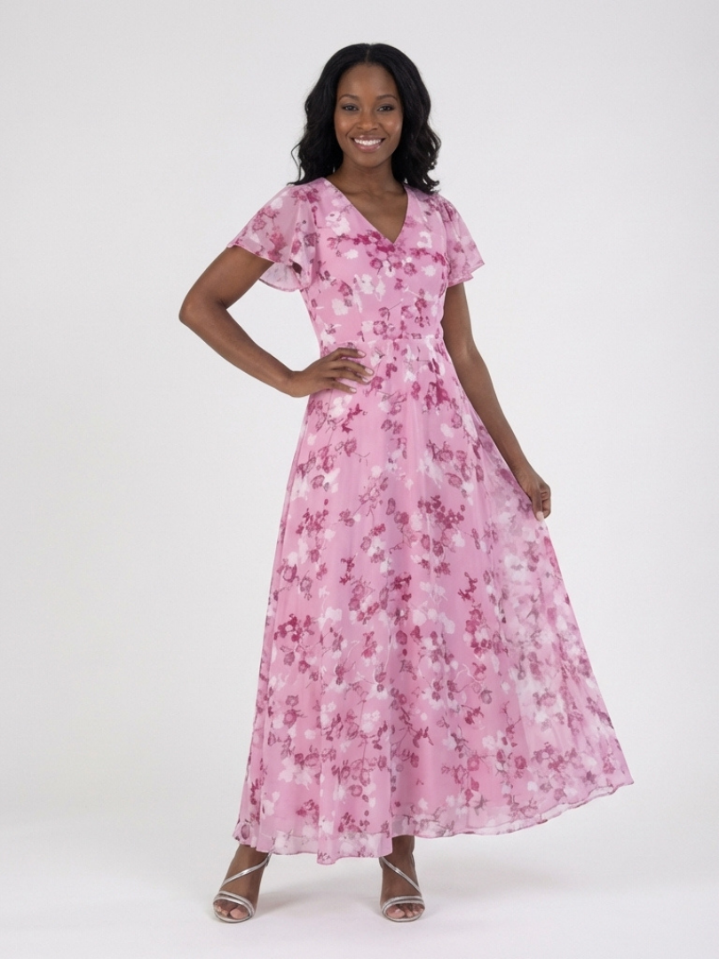 Women's Chiffon V-Neck Maxi Dress with Short Sleeves