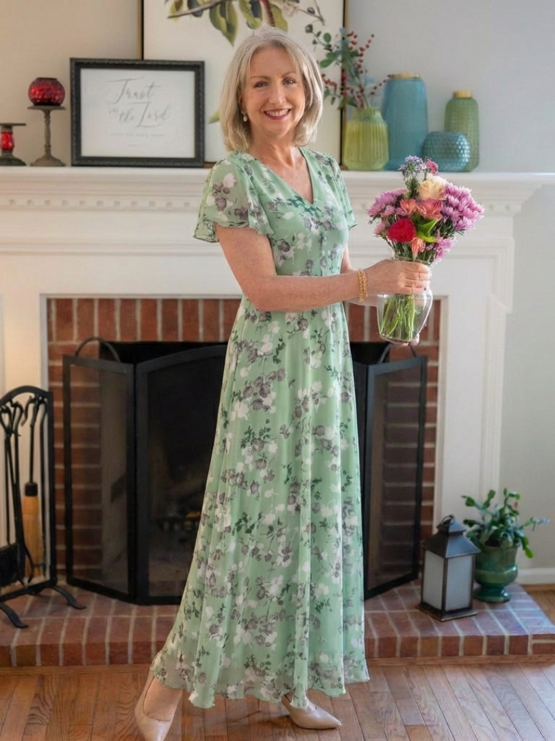 Women's Chiffon V-Neck Maxi Dress with Short Sleeves