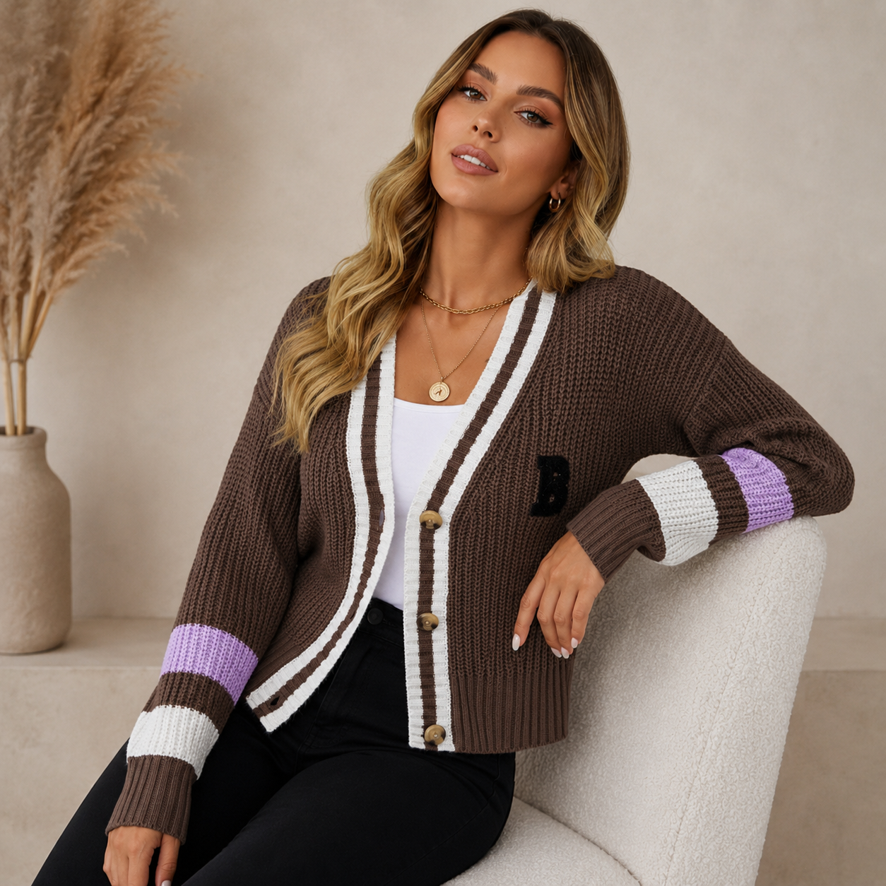 Women's Chunky Knit Cardigan with Contrast Stripe Detail