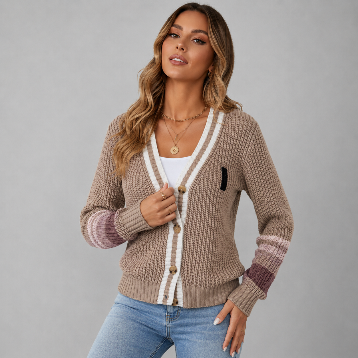 Women's Chunky Knit Cardigan with Contrast Stripe Detail