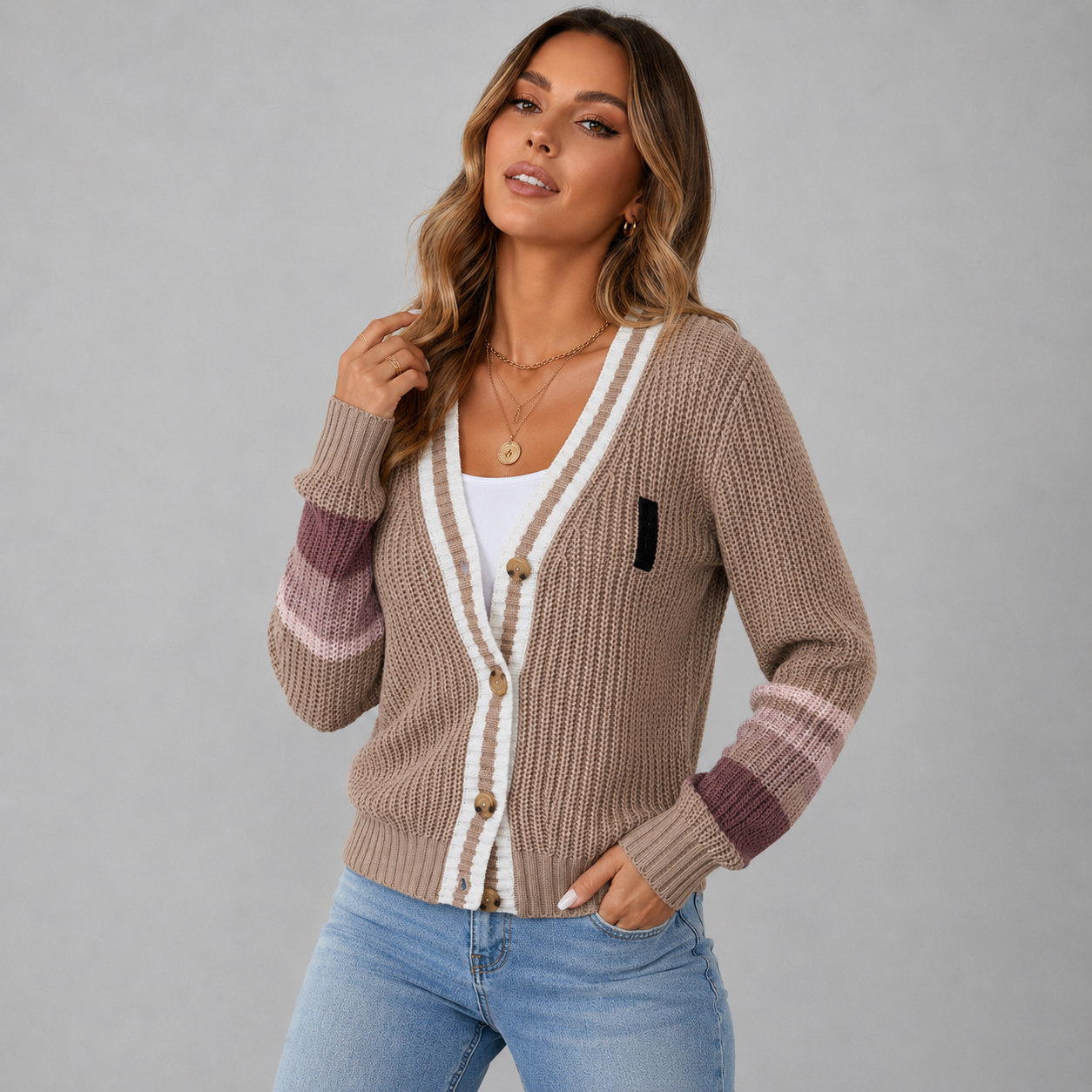 Women's Chunky Knit Cardigan with Contrast Stripe Detail