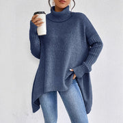 Women's Chunky Knit Oversized Turtleneck Sweater with Asymmetric Hem