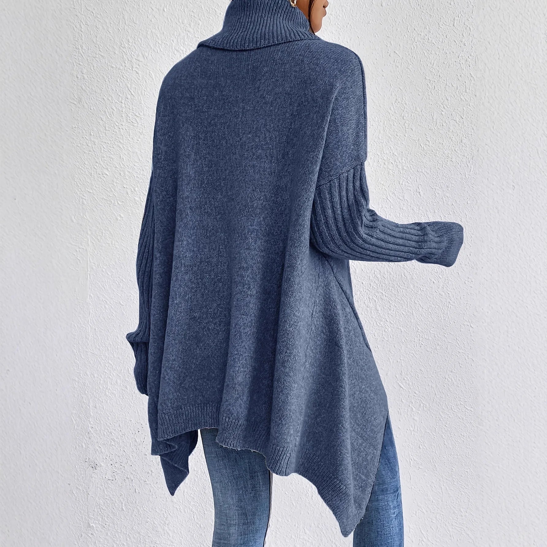 Women's Chunky Knit Oversized Turtleneck Sweater with Asymmetric Hem