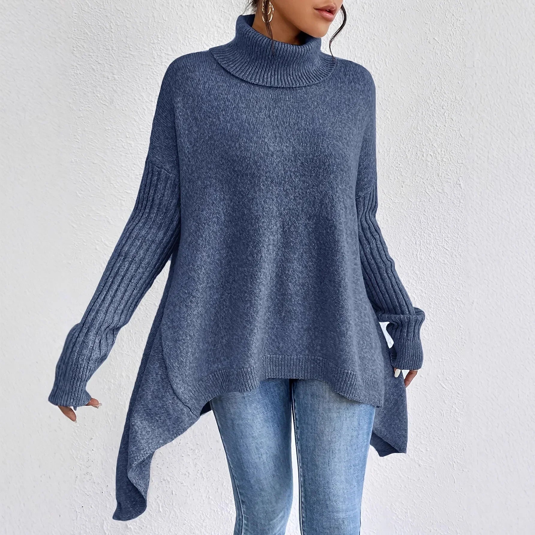 Women's Chunky Knit Oversized Turtleneck Sweater with Asymmetric Hem