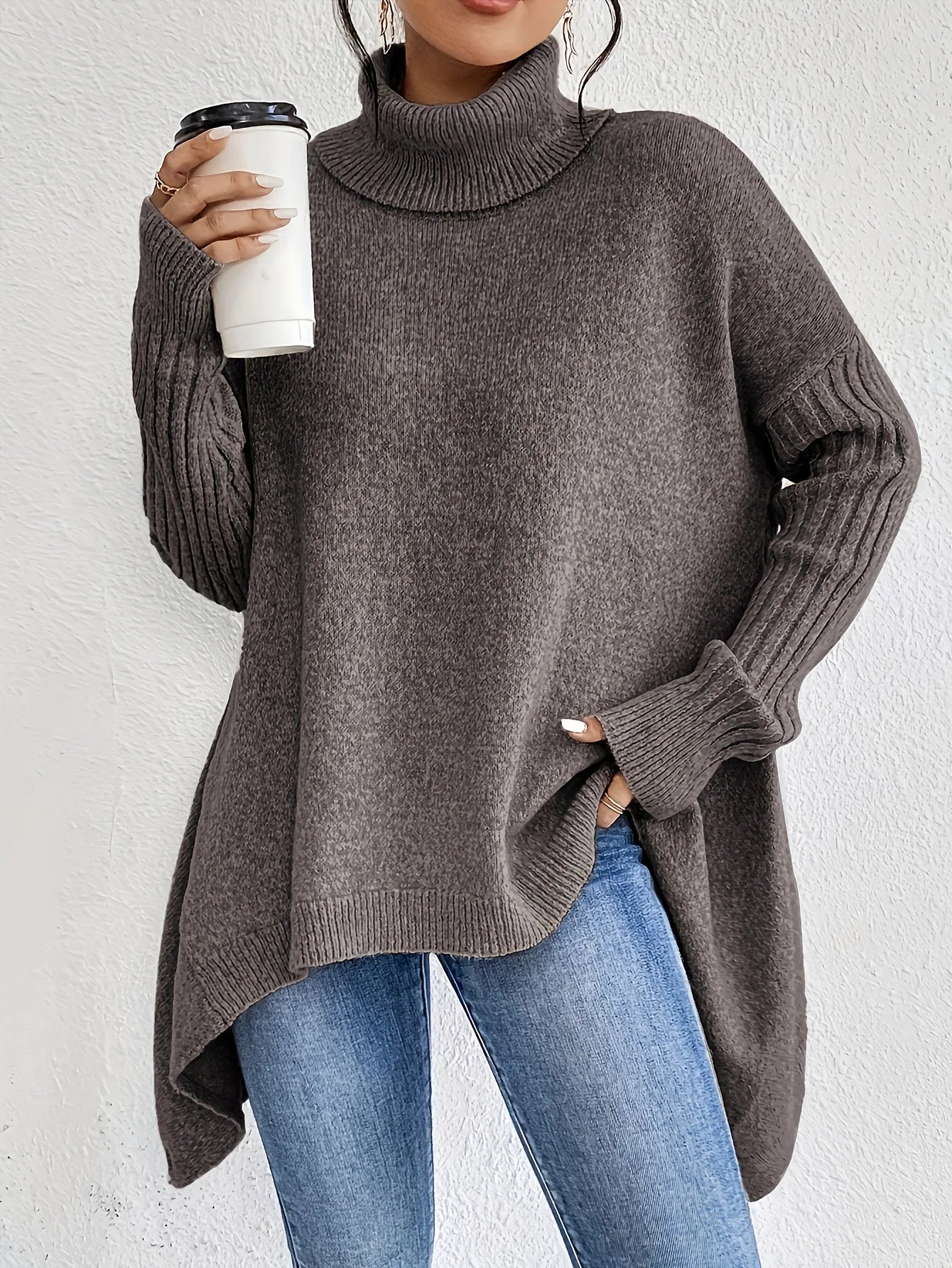 Women's Chunky Knit Oversized Turtleneck Sweater with Asymmetric Hem