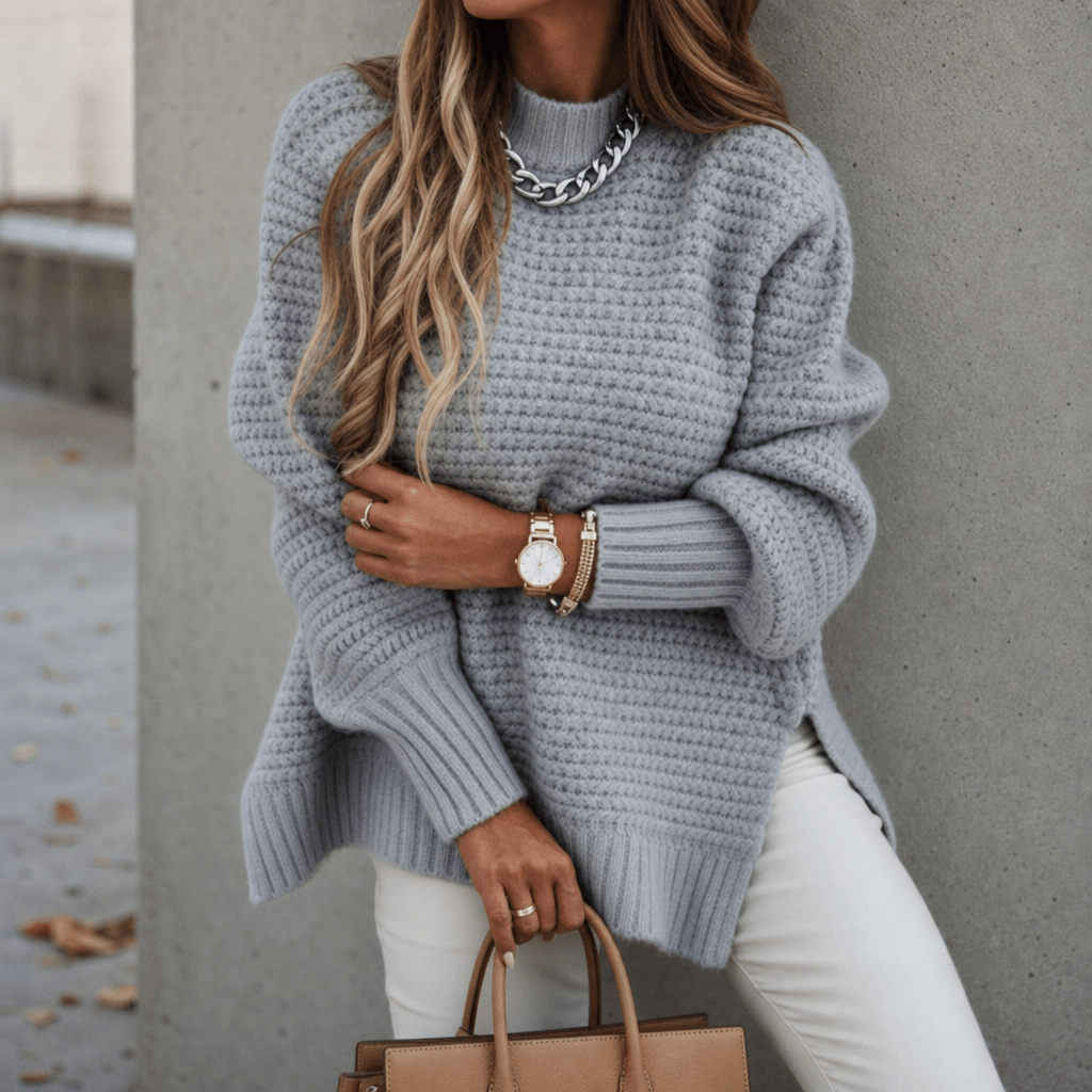 Women's Chunky Knit Sweater with Oversized Mock Neck for Winter