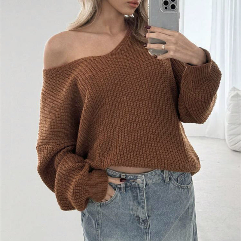 Women's Chunky Knit V-Neck Sweater with Wide Sleeves
