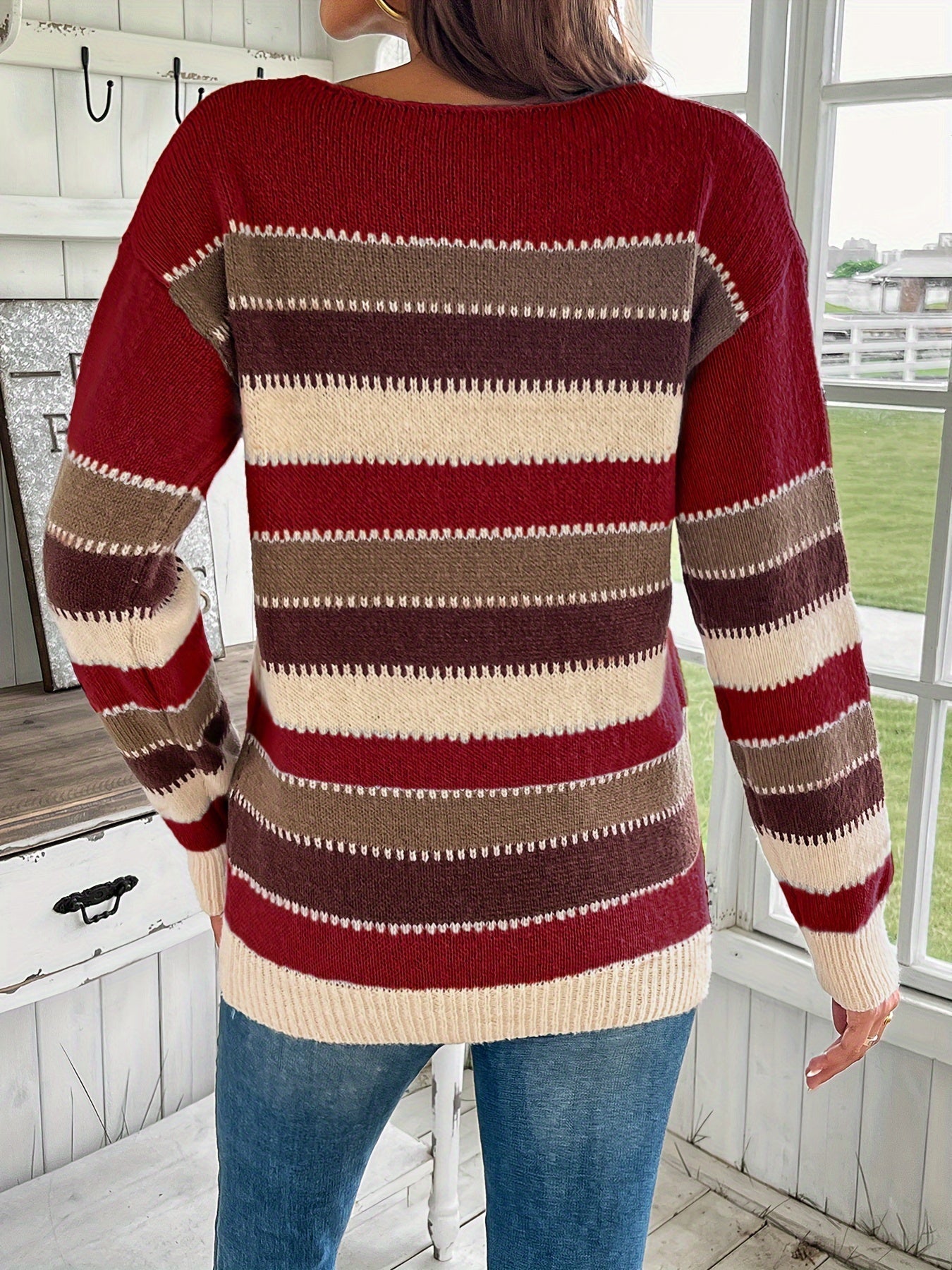 Women's Colorful Crew Neck Sweater with Relaxed Fit for Everyday Comfort