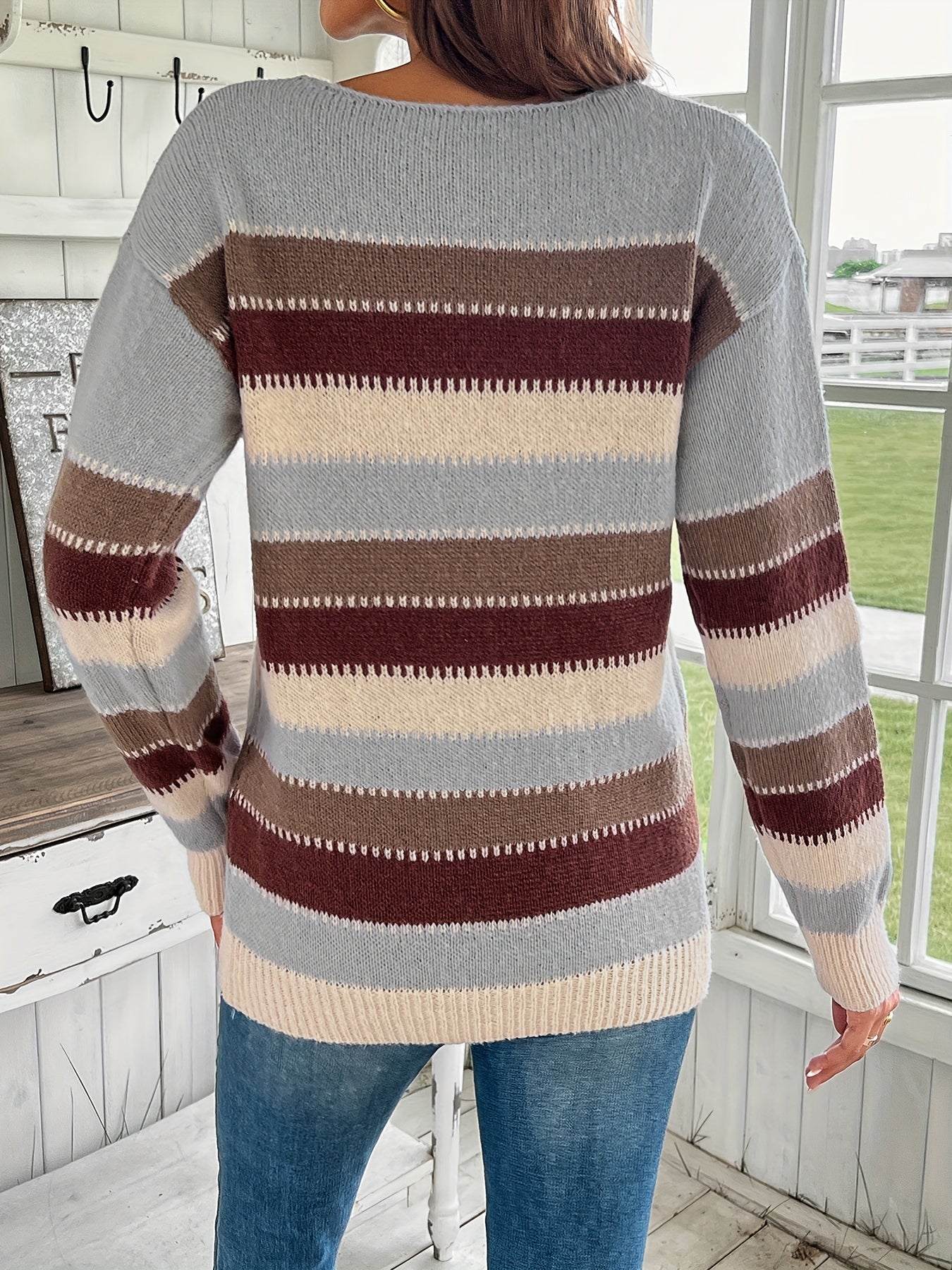 Women's Colorful Crew Neck Sweater with Relaxed Fit for Everyday Comfort