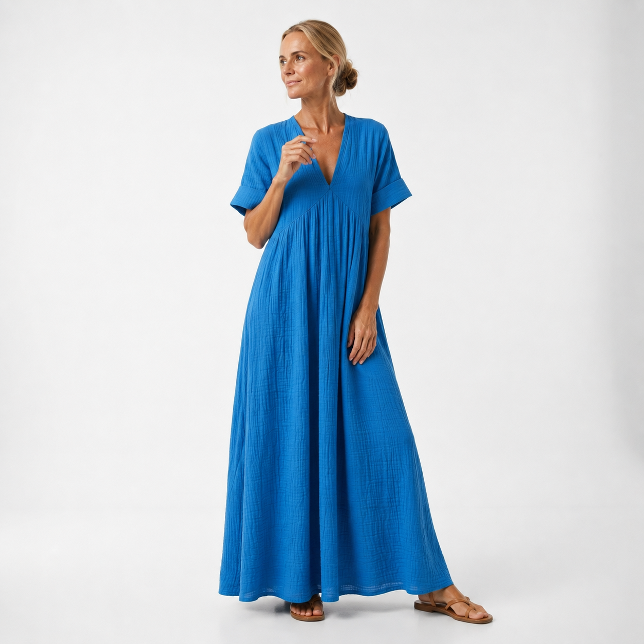 Women's Cotton V-Neck Maxi Dress with Flowy Cut