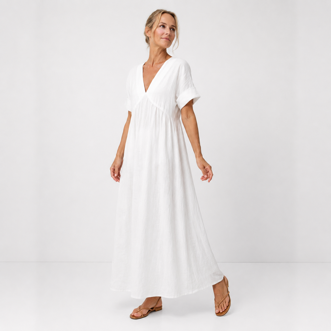 Women's Cotton V-Neck Maxi Dress with Flowy Cut