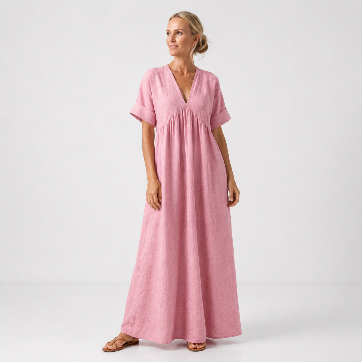 Women's Cotton V-Neck Maxi Dress with Flowy Cut
