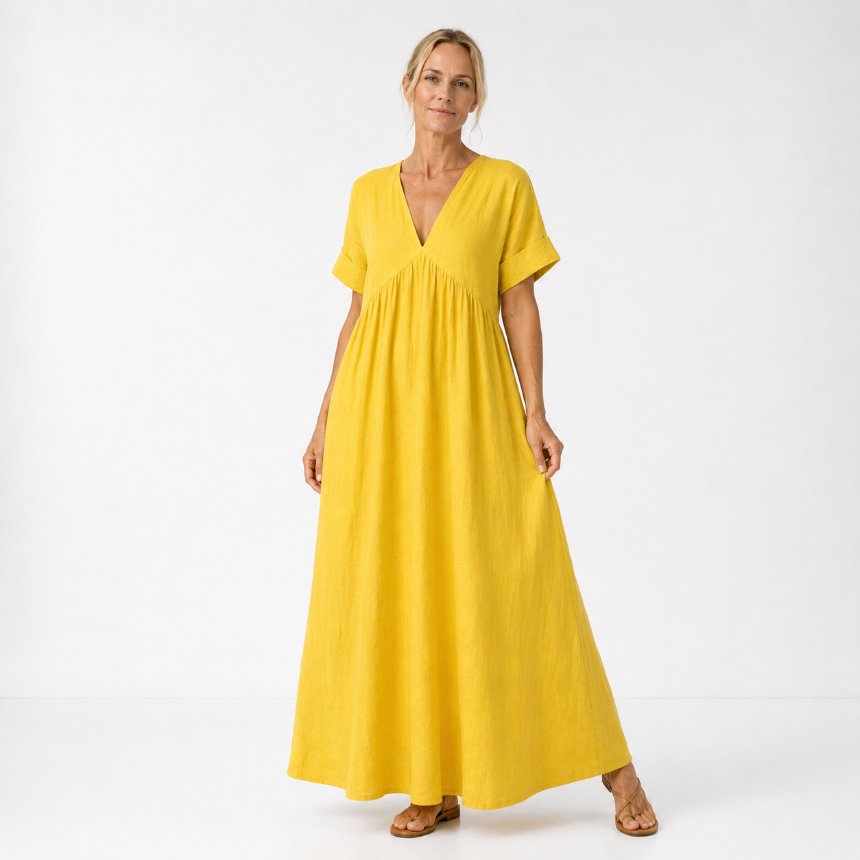 Women's Cotton V-Neck Maxi Dress with Flowy Cut