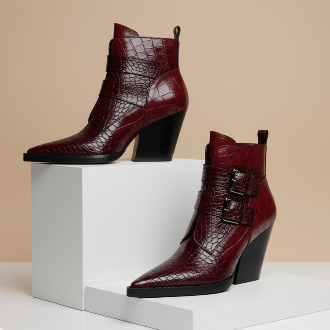 Women's Croc-Embossed Ankle Boots with Sculpted Block Heel