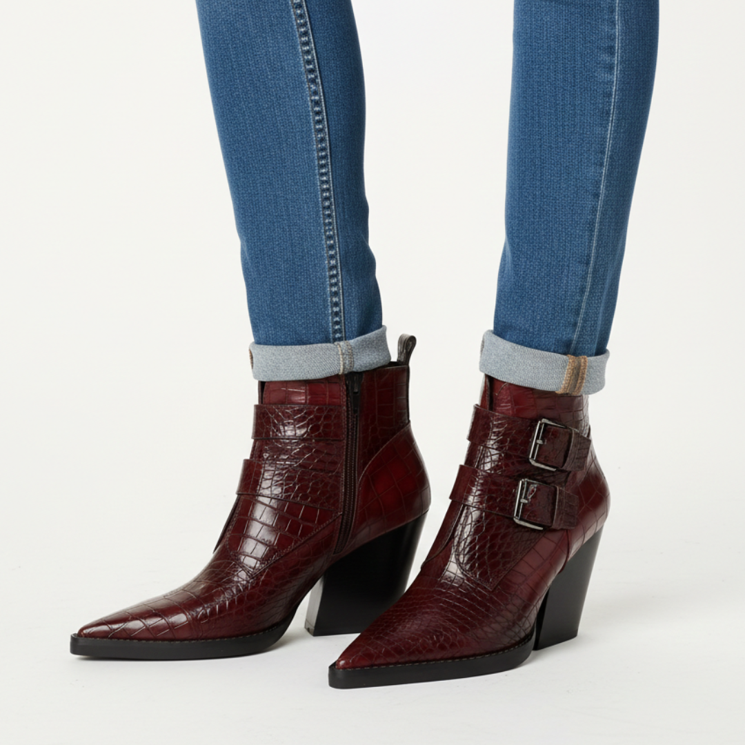 Women's Croc-Embossed Ankle Boots with Sculpted Block Heel