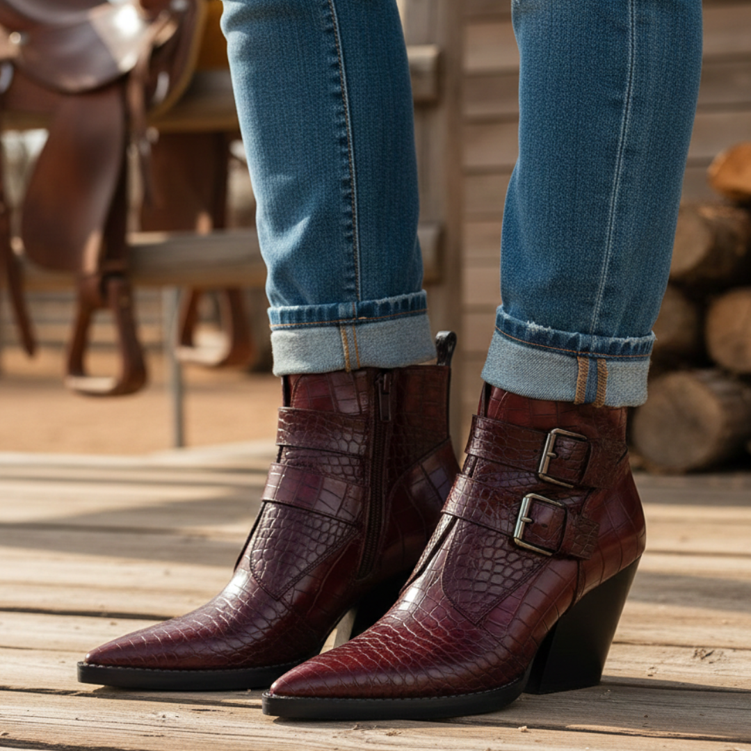 Women's Croc-Embossed Ankle Boots with Sculpted Block Heel