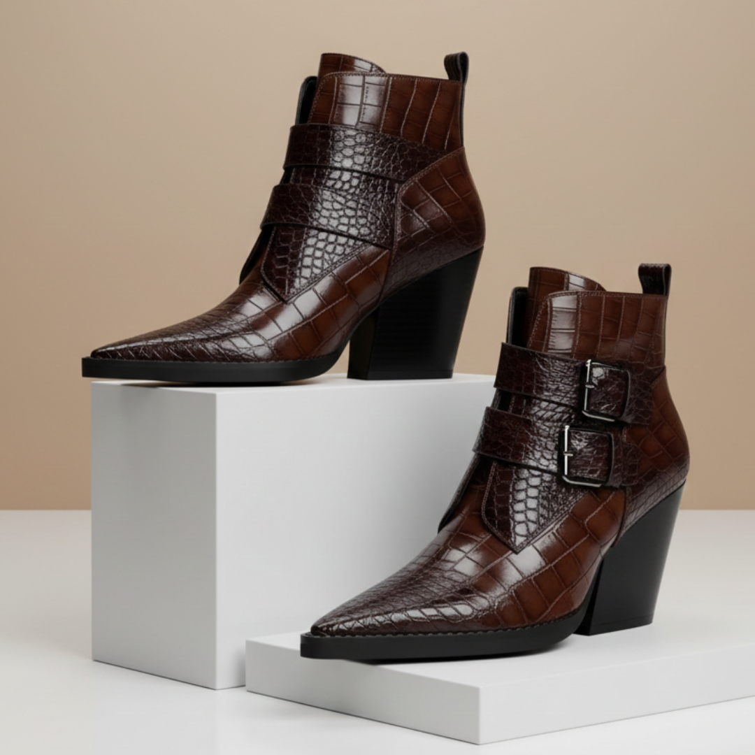 Women's Croc-Embossed Ankle Boots with Sculpted Block Heel