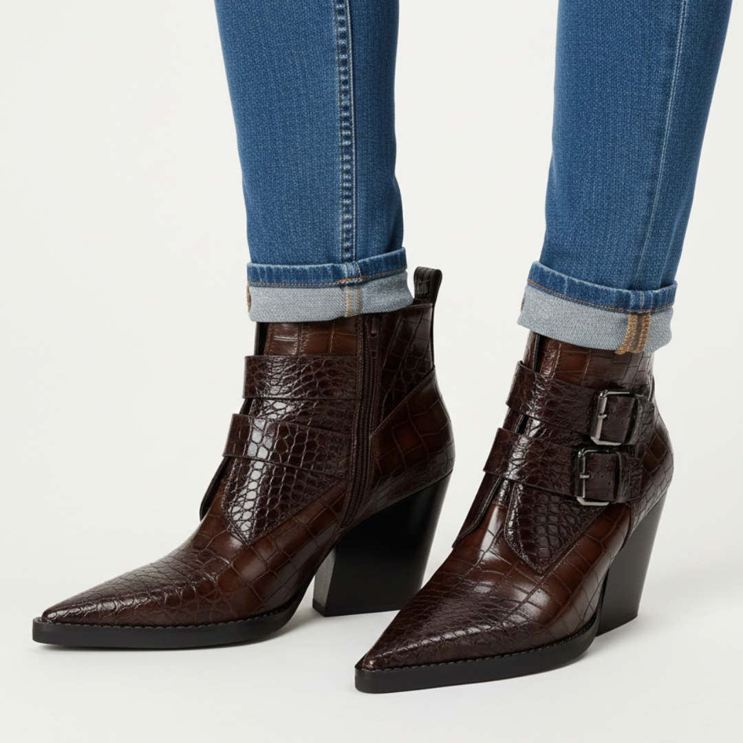 Women's Croc-Embossed Ankle Boots with Sculpted Block Heel