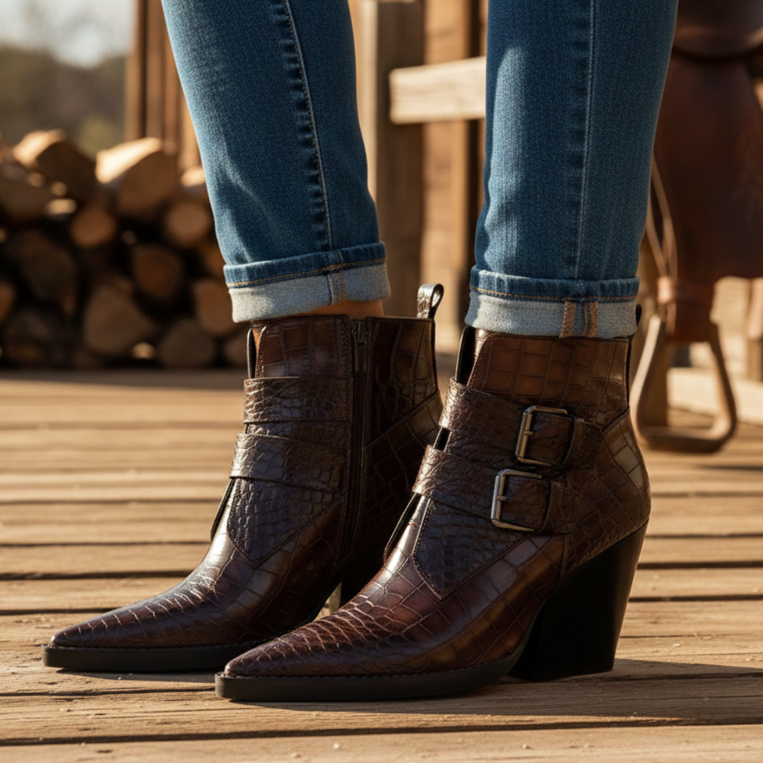 Women's Croc-Embossed Ankle Boots with Sculpted Block Heel