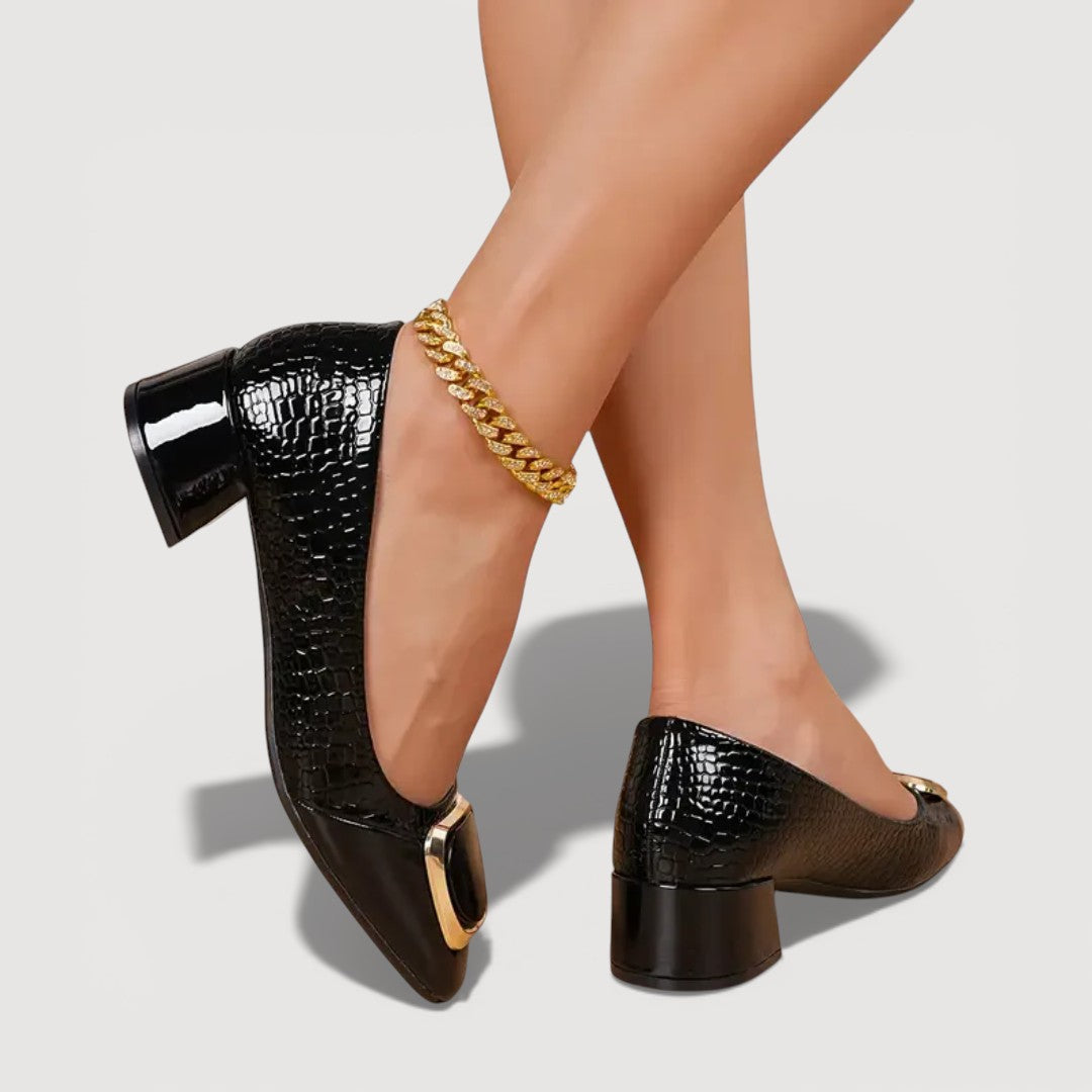 Women's Crocodile-Embossed Block Heel Shoes for Everyday Wear