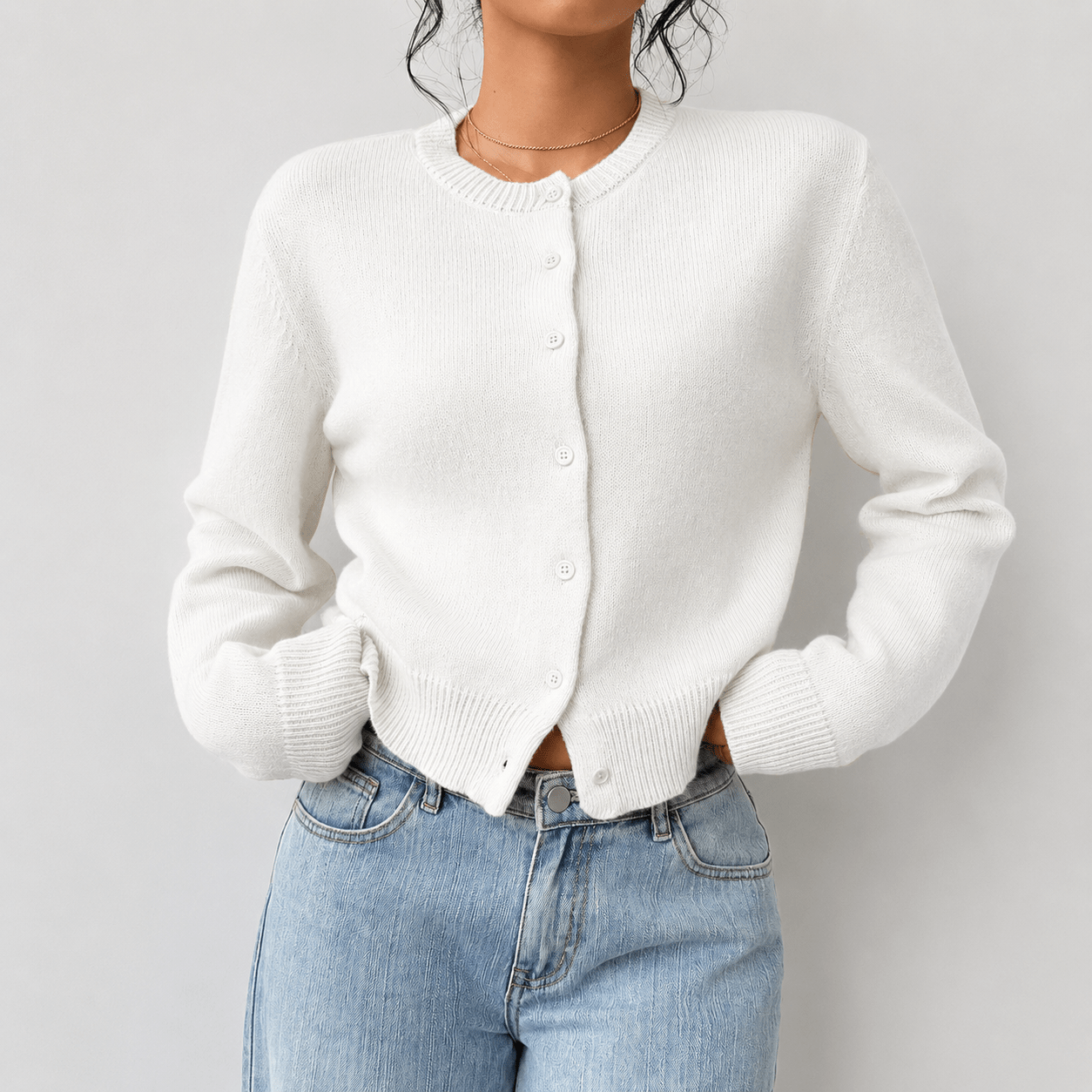 Women's Cropped Button-Up Knit Cardigan with Ribbed Trim