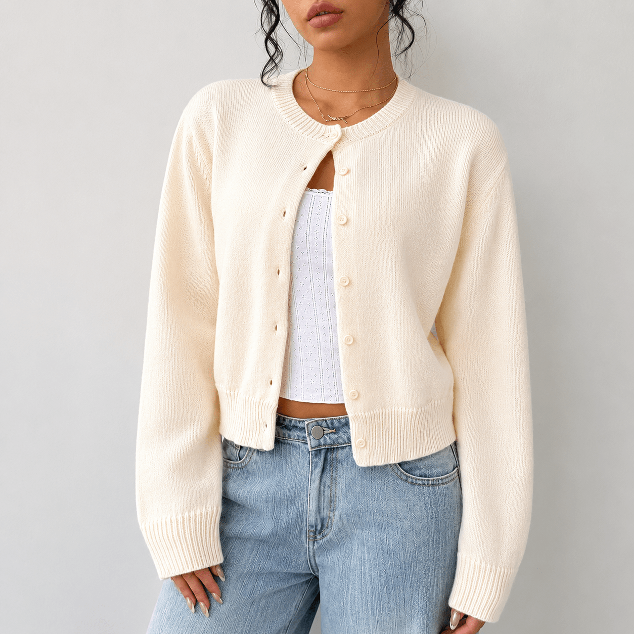 Women's Cropped Button-Up Knit Cardigan with Ribbed Trim