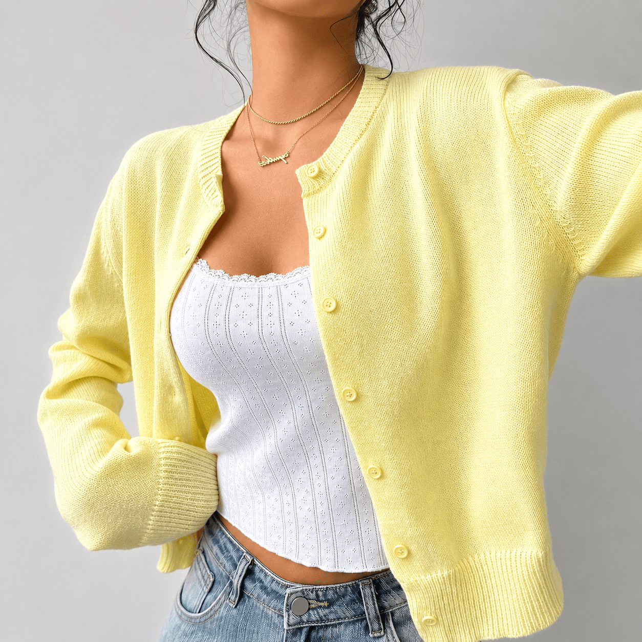 Women's Cropped Button-Up Knit Cardigan with Ribbed Trim