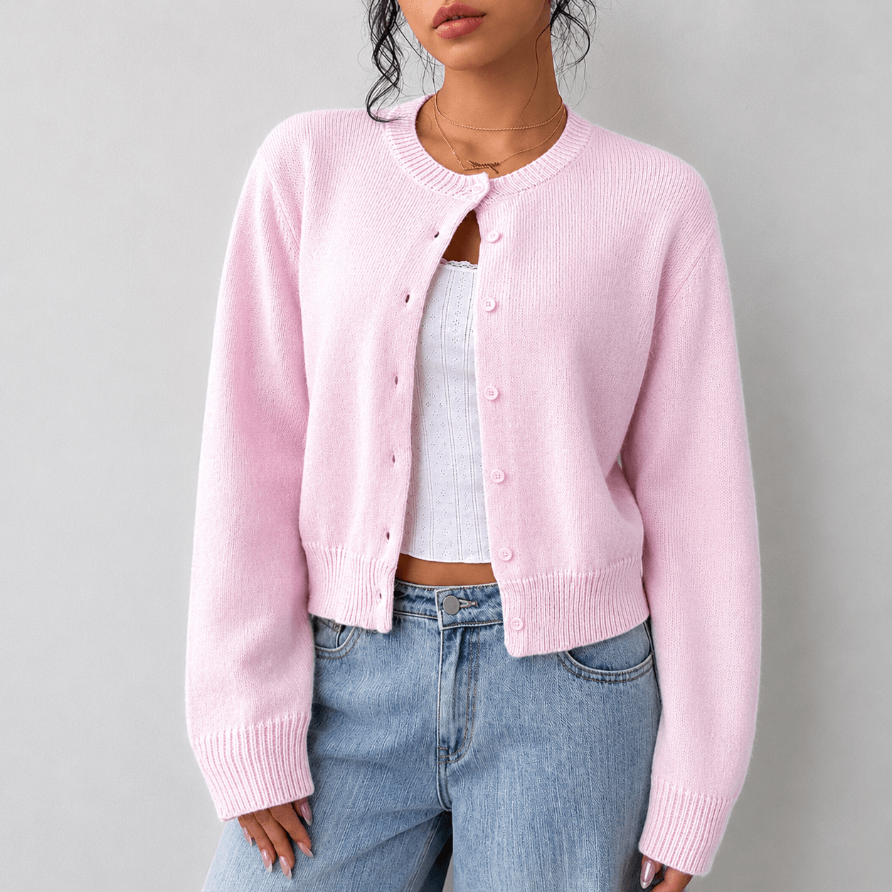 Women's Cropped Button-Up Knit Cardigan with Ribbed Trim