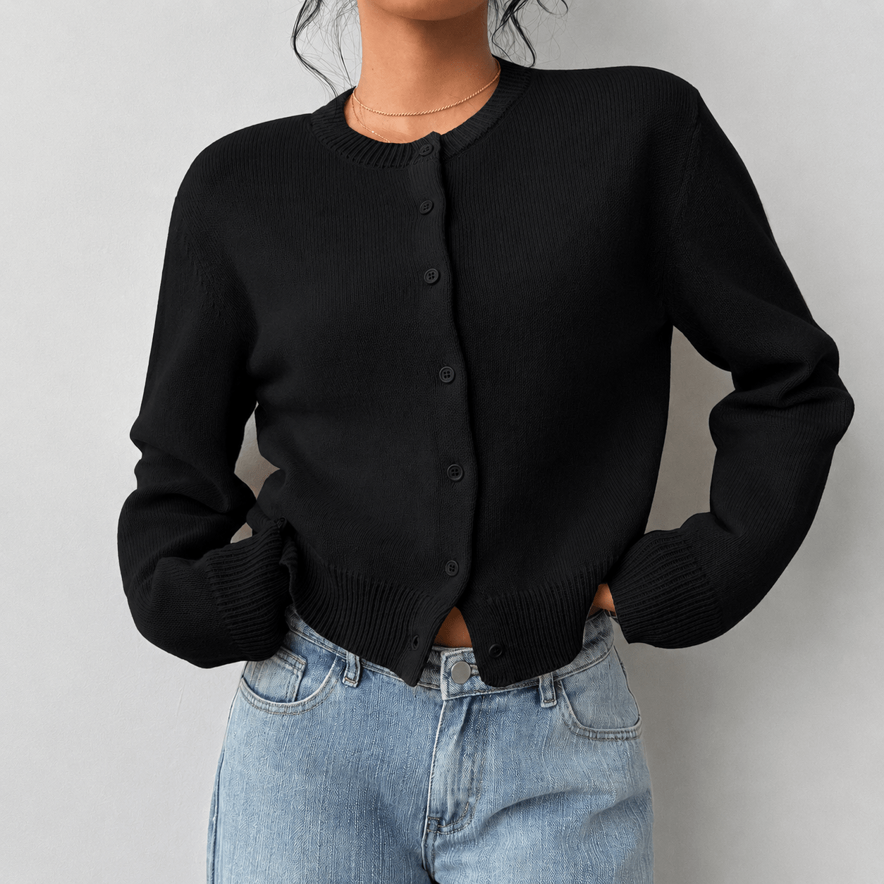 Women's Cropped Button-Up Knit Cardigan with Ribbed Trim