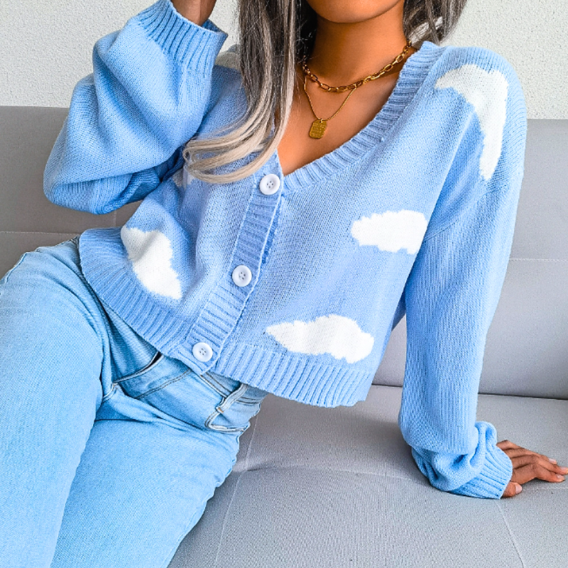 Women's Cropped Cloud Knit Cardigan with V-Neck Design - Cozy