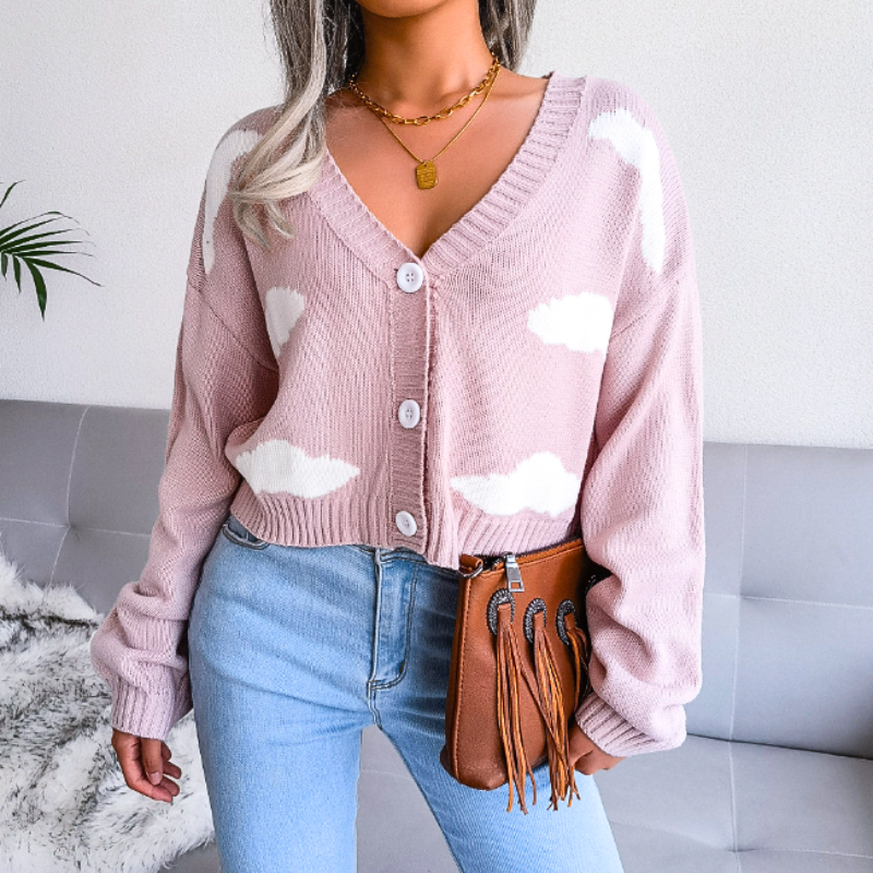 Women's Cropped Cloud Knit Cardigan with V-Neck Design - Cozy