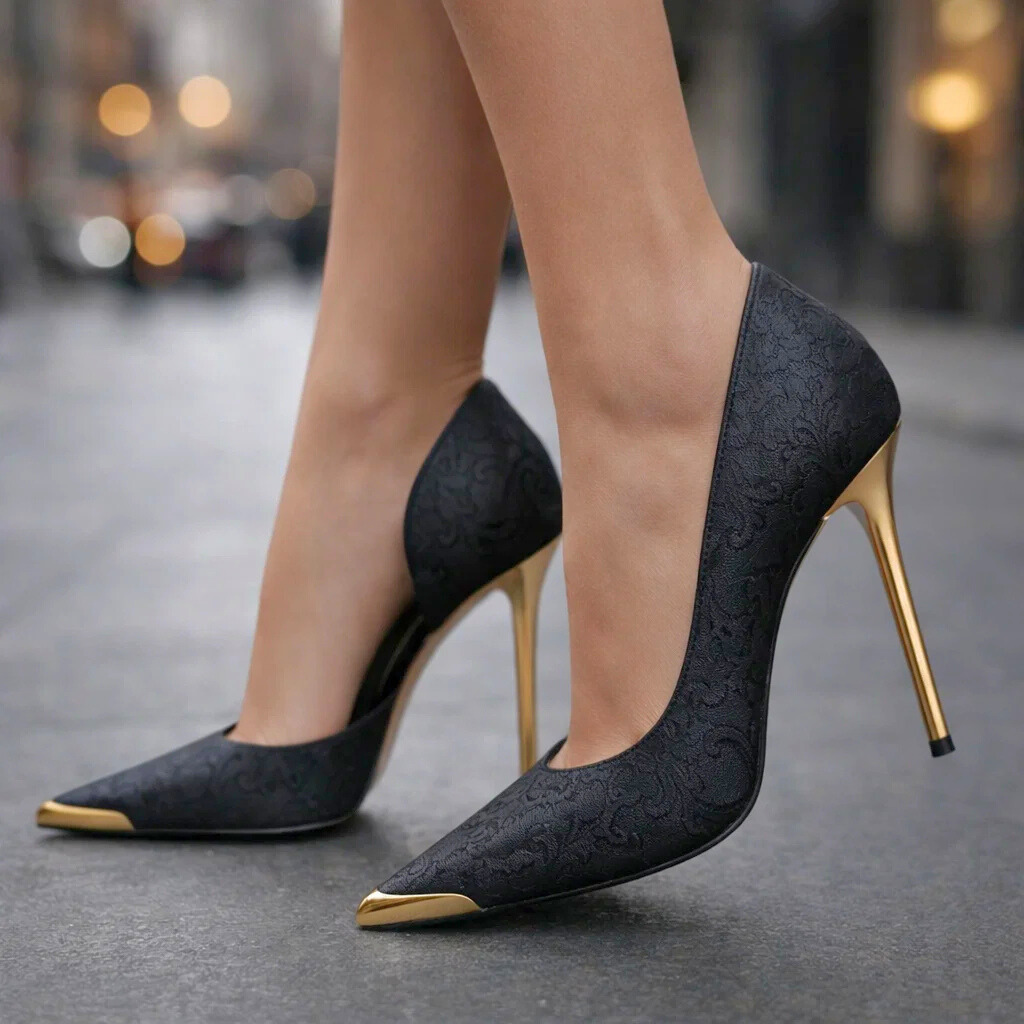 Women's Glitter Pumps with Gold Toe Cap