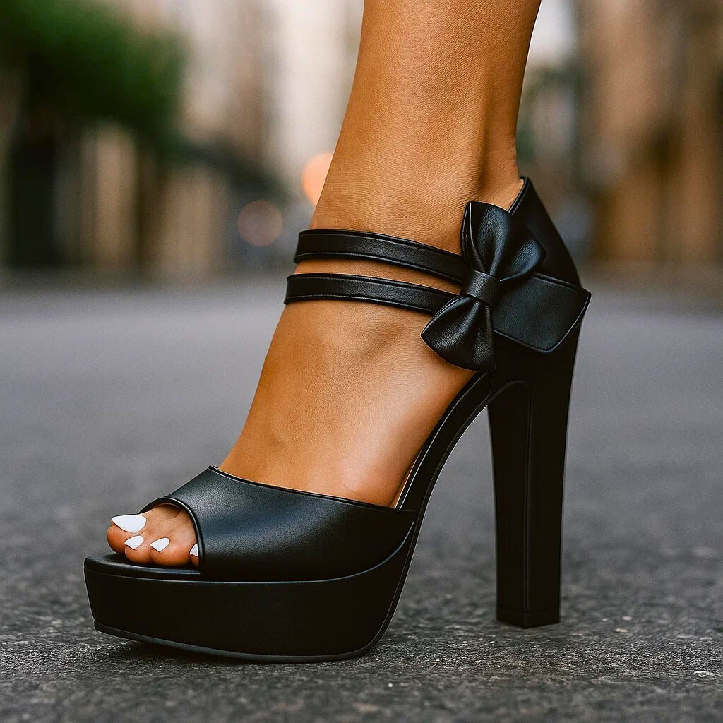 Women's Platform Heels with Bow Detail and Chunky Heel
