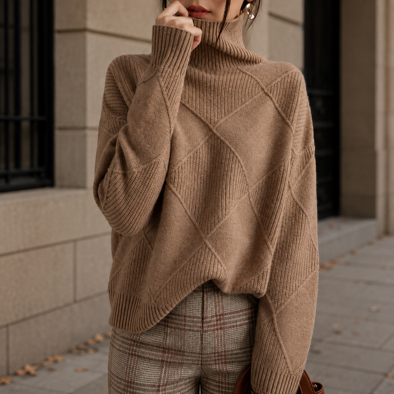 Women's Diamond Knit Turtleneck Sweater with Relaxed Fit