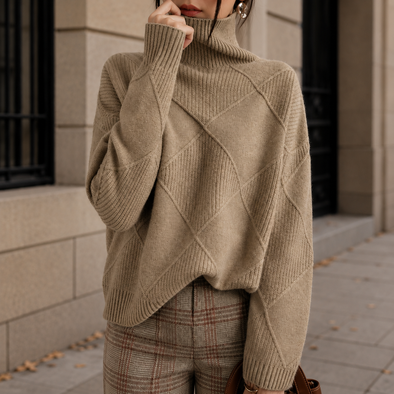 Women's Diamond Knit Turtleneck Sweater with Relaxed Fit