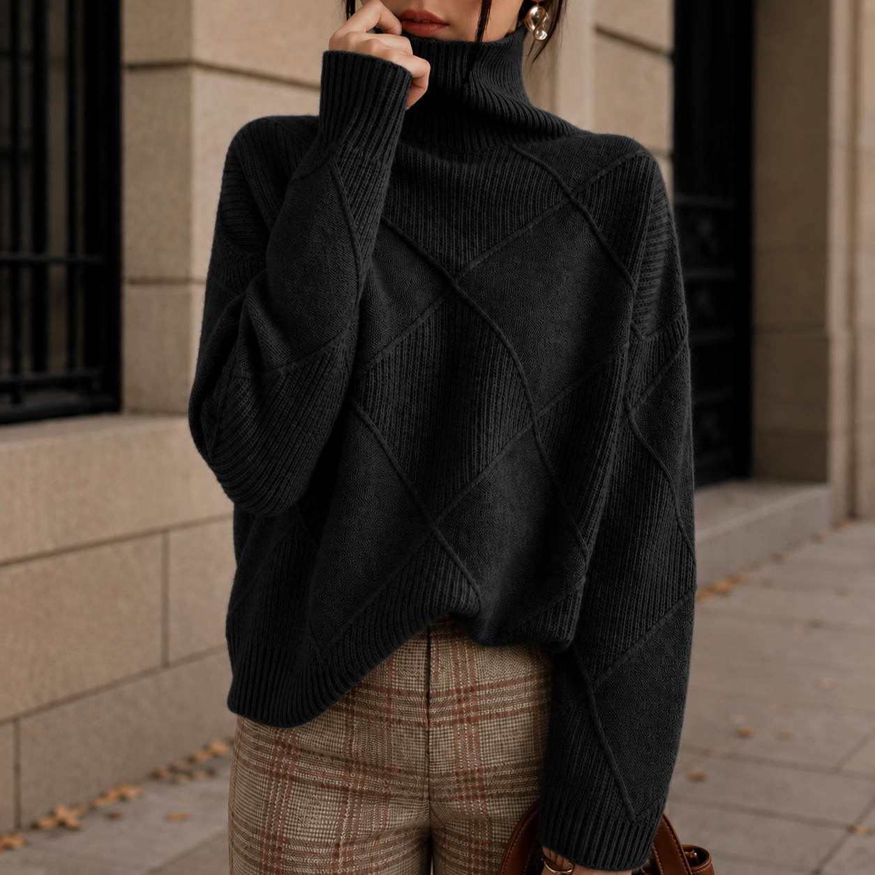Women's Diamond Knit Turtleneck Sweater with Relaxed Fit