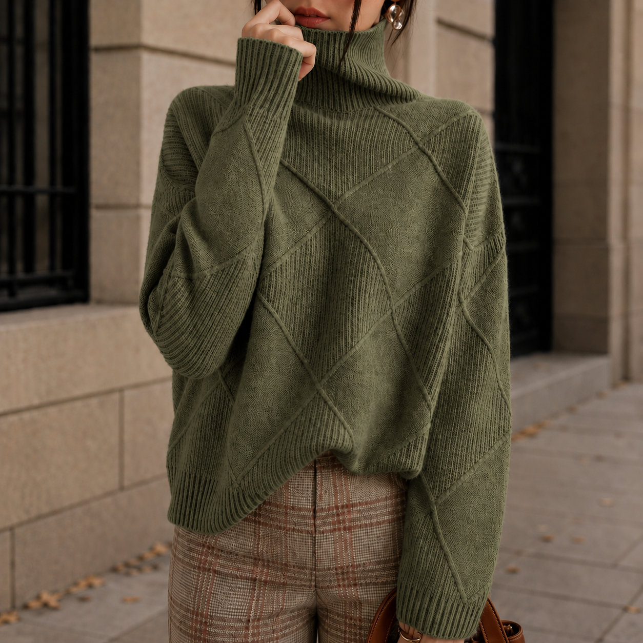 Women's Diamond Knit Turtleneck Sweater with Relaxed Fit
