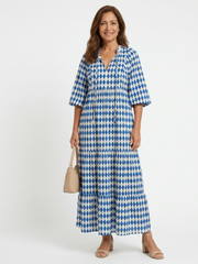 Women's Diamond Print Ruffled Midi Dress for Summer