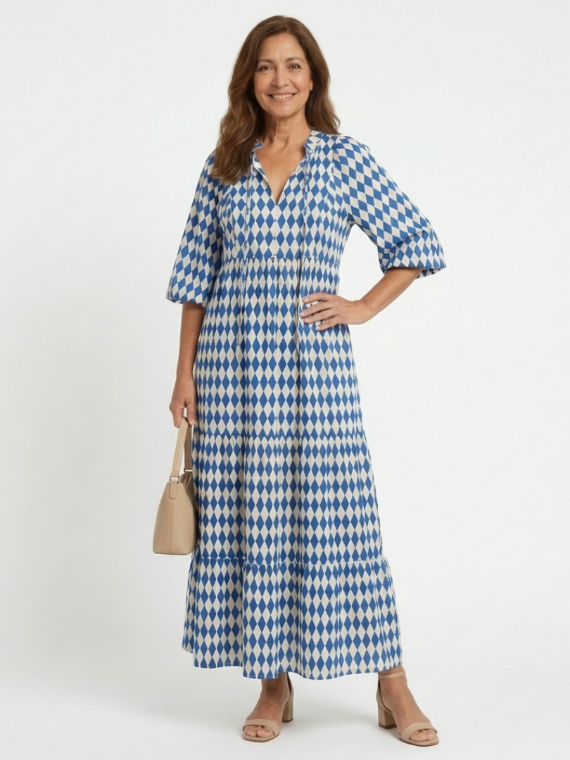Women's Diamond Print Ruffled Midi Dress for Summer