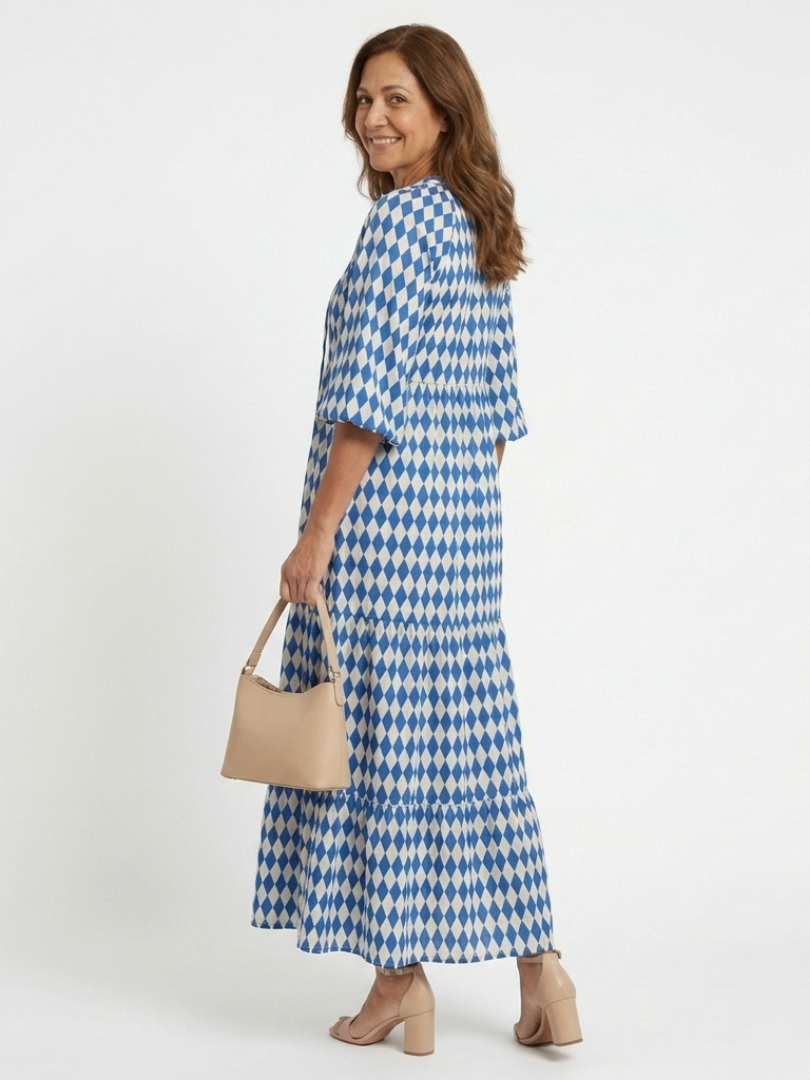 Women's Diamond Print Ruffled Midi Dress for Summer