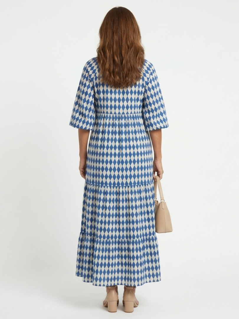 Women's Diamond Print Ruffled Midi Dress for Summer
