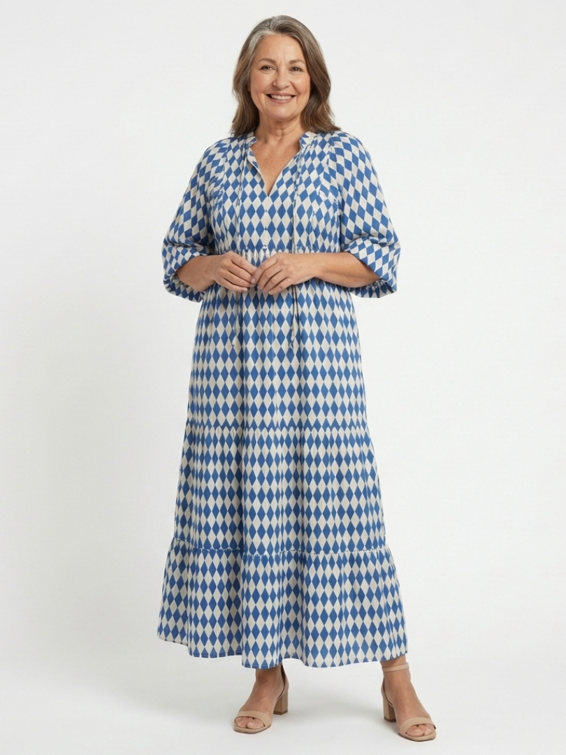 Women's Diamond Print Ruffled Midi Dress for Summer
