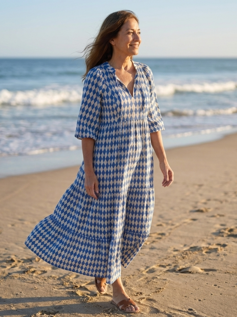 Women's Diamond Print Ruffled Midi Dress for Summer