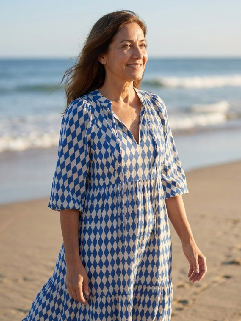 Women's Diamond Print Ruffled Midi Dress for Summer